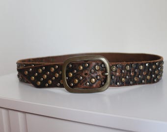 Vintage brown wide leather belt with metal rivets