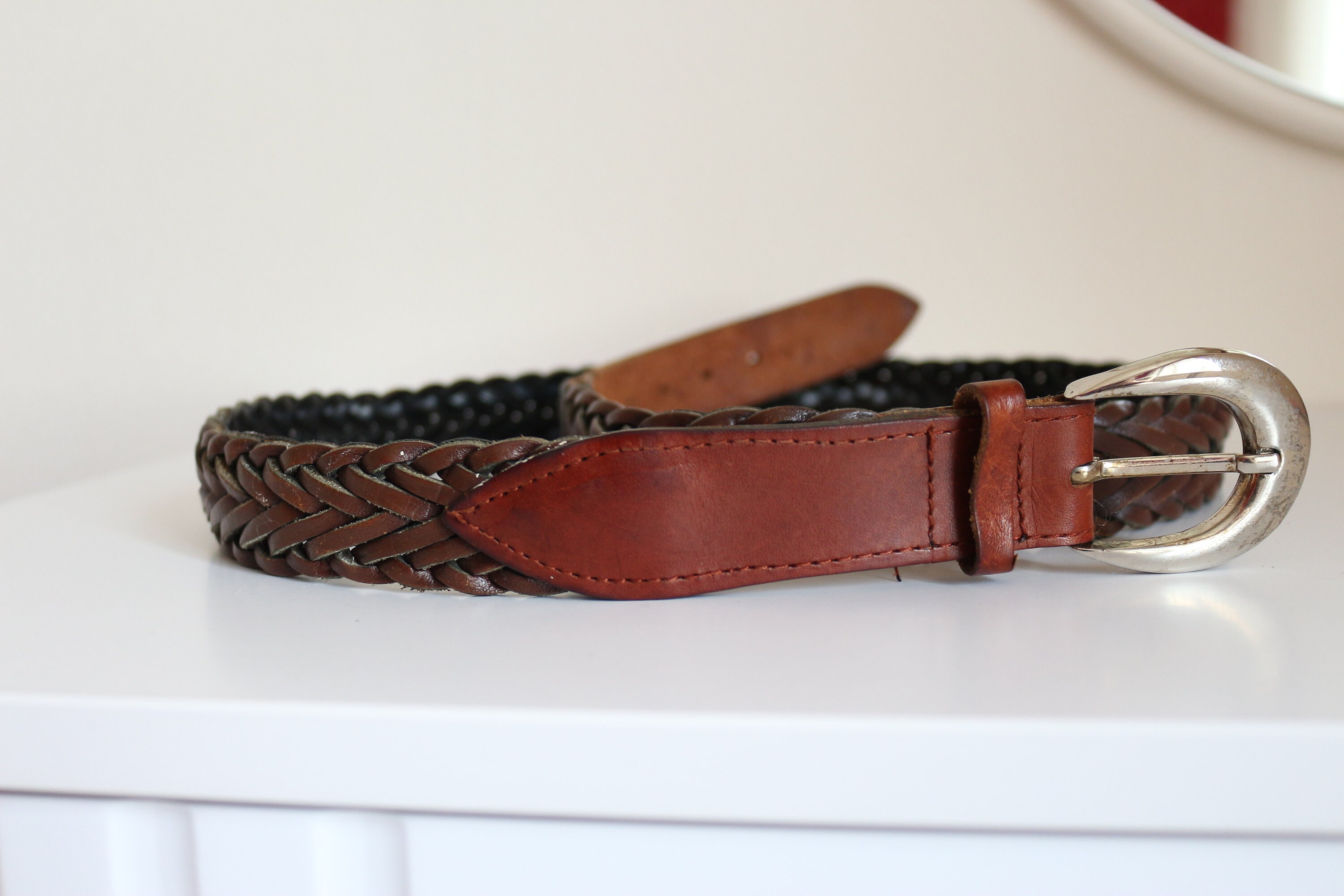 Vintage Brown Braided Leather Belt: Woven Design With Silver 