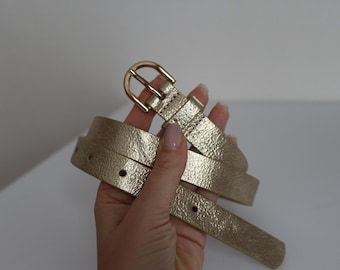 Skinny Metallic Vegan Leather Belt with Silver Buckle - Women's Gift
