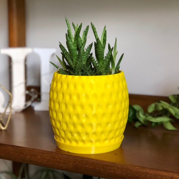 Pineapple Inspired Shelf Planter with Saucer, Small Gold Geometric Desk Planter, Eco Friendly, Succulents and Cacti w/ Drain Holes & Saucer