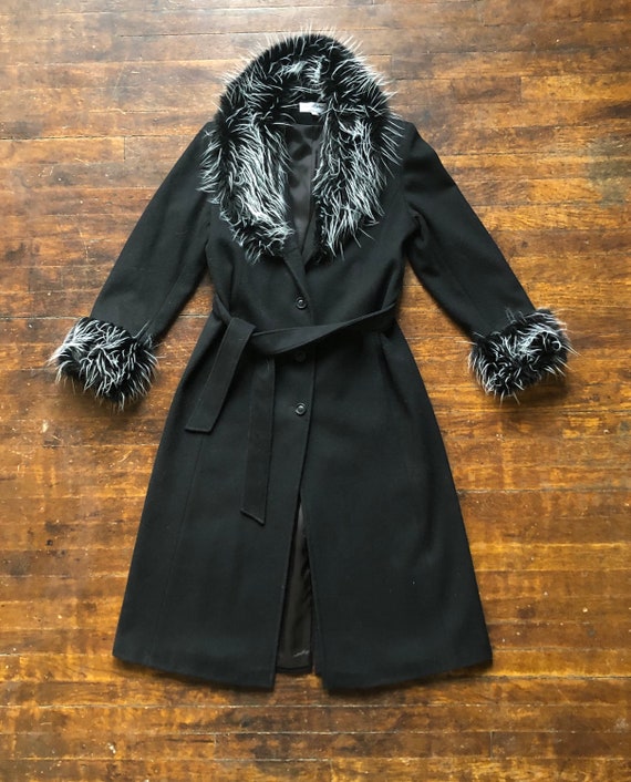 Long Black Trench coat with black and white faux fur trim | Etsy