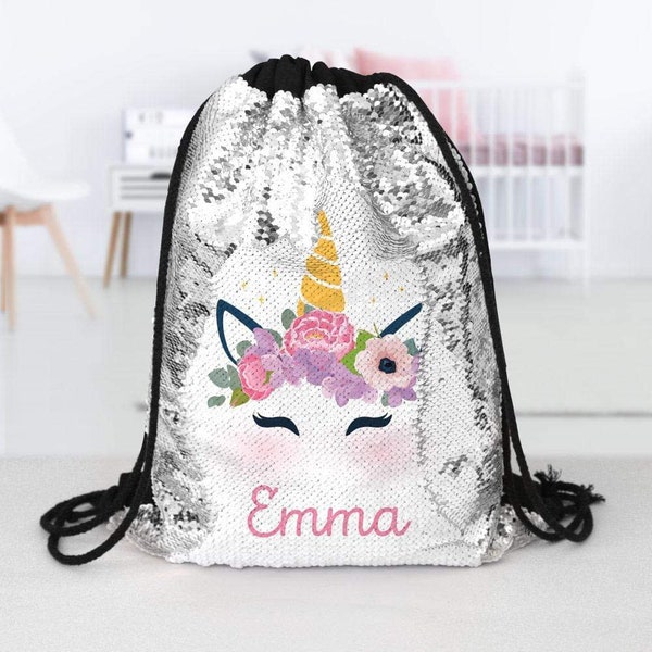 Unicorn Custom Kids Sequin Drawstring Bag | Personalized Backpacks |Custom made to order |  Personalize with Name | Made in USA | Ships fast