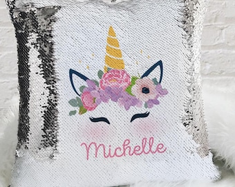 personalized sequin unicorn pillow