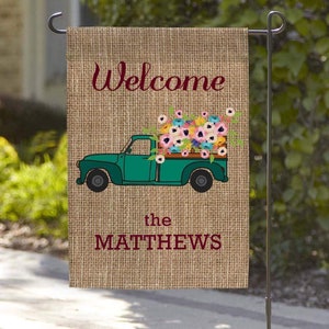 Personalized Flower Truck Welcome Garden Flag | Outdoor - Indoor | Custom Garden Flag | Farm House Flag |  Flag with Name | Welcome Flag