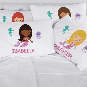 Personalized Mermaid Pillowcase for Kids - Custom Name, Skin & Hair Colors - Cute Mermaid Design