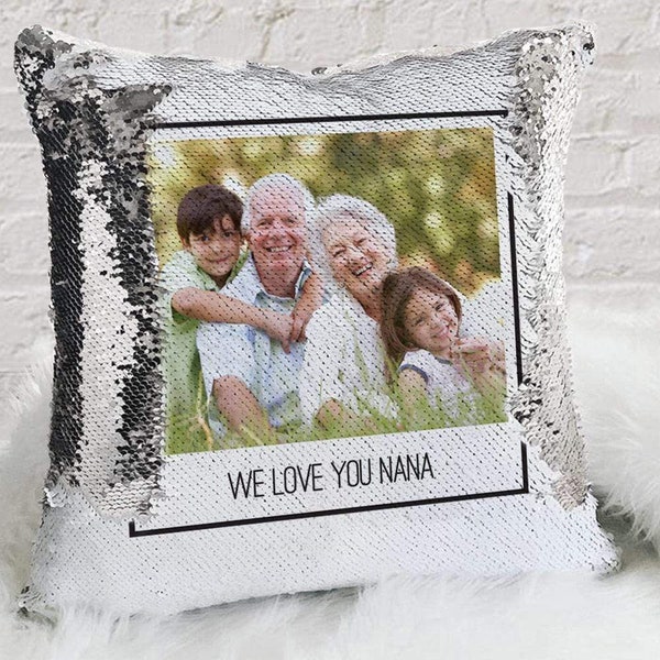 Personalized Photo Sequin Pillow Case | Custom Mermaid Throw of Your Photo |Custom made to order |Made in USA | Ships fast | Photo with Name