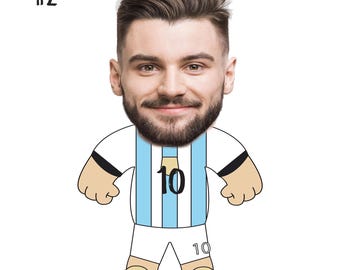May include: A cartoon illustration of a person wearing a light blue and white soccer jersey with the number 10 on the front and back. The person has a large head and a beard.