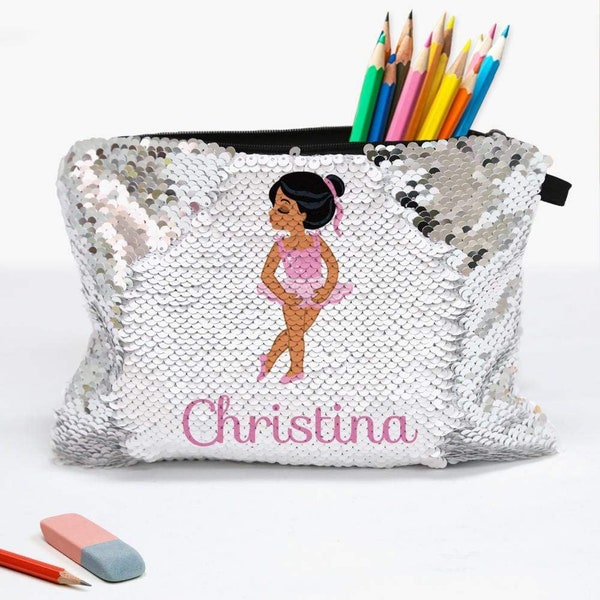 Personalisierte Pailletten Ballerina Kinder Accessoire Tasche | Schulmäppchen | Spezialanfertigung mit Namen | Hergestellt in den USA | Versand schnell | Personalisiert