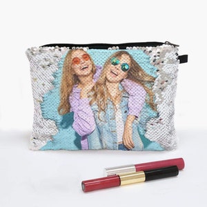 Personalized Sequin Photo Zippered Makeup Pouch Bag |Custom made to order |  Personalize with photo | Made in USA | Ships fast