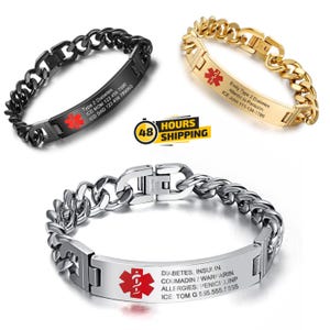 Personalized Medical Alert Bracelet – Stainless Steel ID Tag for Medical Conditions – Custom Emergency Info Included, personalized message
