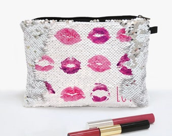 Personalized Lips Sequin Makeup Bag | Pencil Pouch | Custom made to order |  Personalize with Name | Made in USA | Ships fast | lips