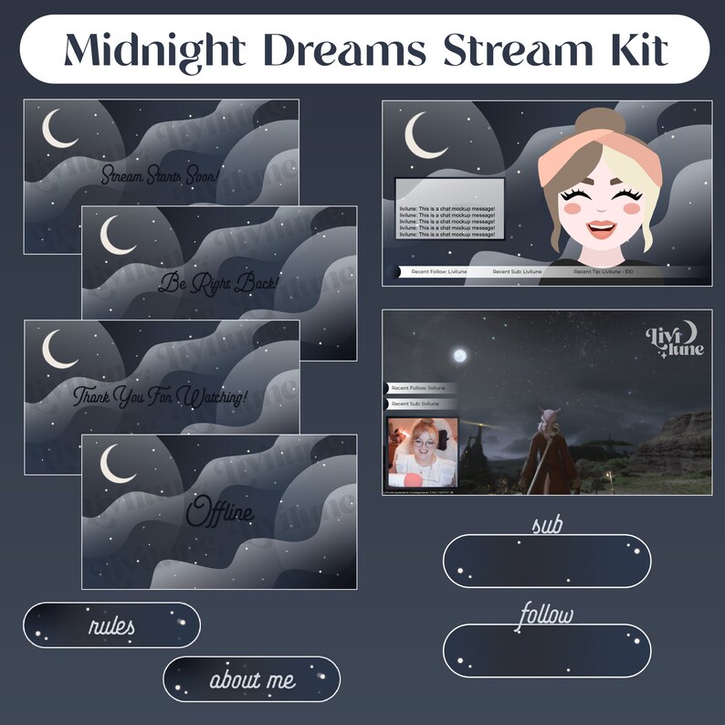 Alerts Twitch Overlays and Animated Scenes Panels Midnight Dreams Stream Graphics Kit by Livilune