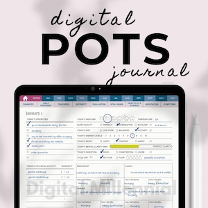 May include: A digital POTS journal displayed on a tablet screen, featuring a daily tracking template for January 1. The layout includes sections for priorities, weather, sleep, diet, energy, mood, meals, medication, and a human body diagram for pain.