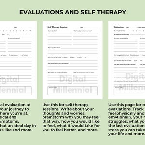 May include: Three printable worksheets for self-therapy and evaluation. The worksheets are titled "Initial Evaluation", "Self Therapy Session", and "Evaluation". Each worksheet has a section for recording thoughts, feelings, and physical symptoms. The worksheets are designed to help users track their progress and identify areas for improvement.