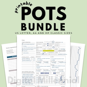 Op de afbeelding: Een printbare POTS-bundel in de formaten US Letter, A4 en HP Classic. De bundel bevat een dagboek met secties voor de prioriteiten van vandaag, slaap kwaliteit, energieniveaus, stemming, spijsvertering, lichamelijke activiteit en meer. Er is ook een sectie om bij te houden wat er vandaag is gebeurd, medicijnen en supplementen. De bundel bevat ook een grafiek om symptomen bij te houden.