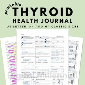 Puede incluir: Un diario imprimible de salud tiroidea con el título en la parte superior. El diario incluye secciones para prioridades diarias, clima, sueño, claridad mental y síntomas. Disponible en tamaños US Letter, A4 y HP Classic.