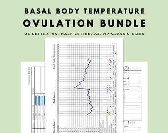 May include: A printable basal body temperature chart for tracking ovulation. The chart includes a graph for recording daily temperatures, a section for tracking cervical mucus, and a section for noting other symptoms. The chart is available in multiple sizes, including US Letter, A4, Half Letter, A5, and HP Classic.