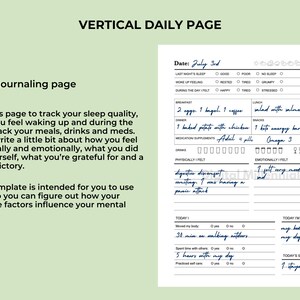 May include: A vertical daily page printable journal template with sections for tracking sleep quality, meals, supplements, physical and emotional feelings, gratitude, and small victories. The text "Date: July 3rd" is at the top of the page.