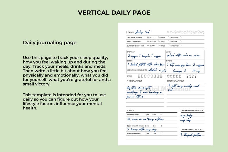 May include: A vertical daily page printable journal template with sections for tracking sleep quality, meals, supplements, physical and emotional feelings, gratitude, and small victories. The text "Date: July 3rd" is at the top of the page.