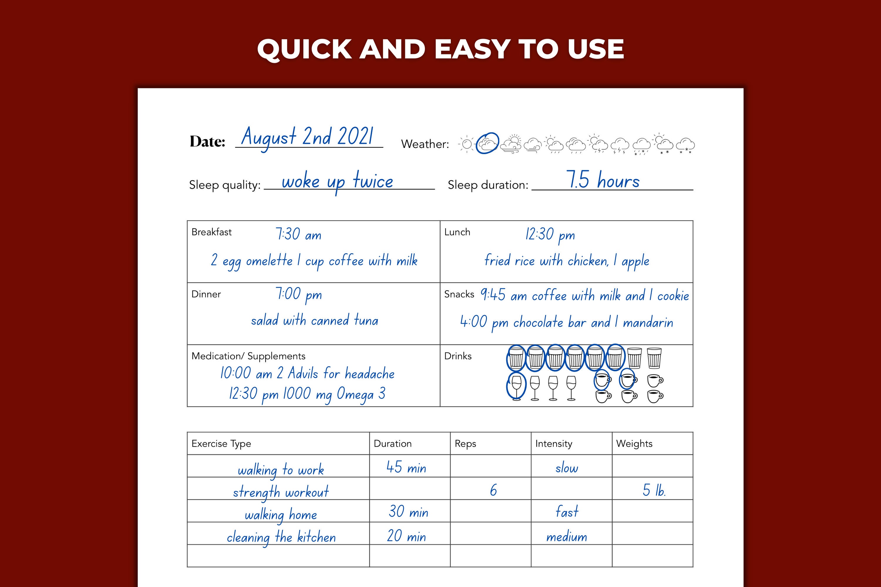 Printable Daily Health Journal for Physical and Emotional Well Being