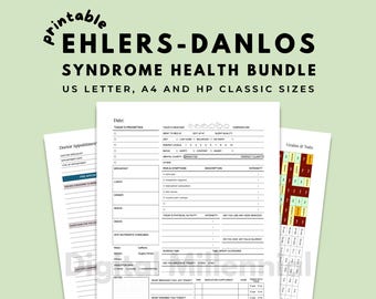 May include: Printable Ehlers-Danlos Syndrome Health Bundle with US Letter, A4, and HP Classic sizes. The image shows several white sheets of paper with black text, including a doctor's appointment form and a daily health tracker.