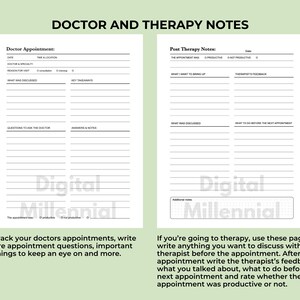 May include: Black and white printable doctor and therapy notes template. The template includes sections for doctor appointment details, questions to ask the doctor, answers and notes, post therapy notes, what to discuss with the therapist, therapist's feedback, and what to do before the next appointment.