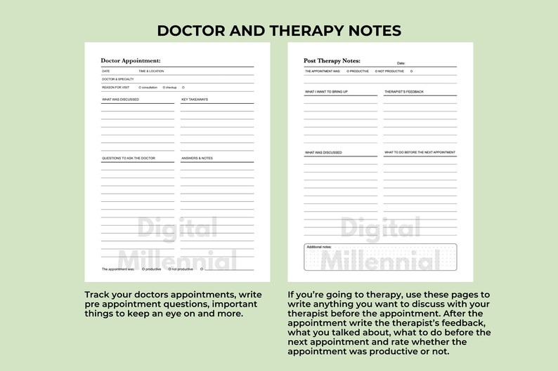 May include: Black and white printable doctor and therapy notes template. The template includes sections for doctor appointment details, questions to ask the doctor, answers and notes, post therapy notes, what to discuss with the therapist, therapist's feedback, and what to do before the next appointment.