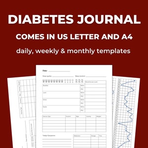 Afdrukbare diabetesbundel voor type I en type II met grafiek om nuchtere bloedglucosewaarden, symptomen, spijsverteringsoverzicht en meer in kaart te brengen