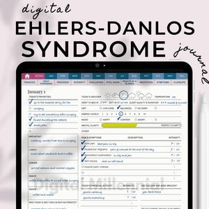Op de afbeelding: Digitaal Ehlers-Danlos Syndroom journaal op een tablet. Het journaal bevat secties voor dagelijkse uitgaven, trackers en symptoomregistratie. Het scherm toont een vermelding van 1 januari met prioritaire taken en gezondheidsstatistieken.