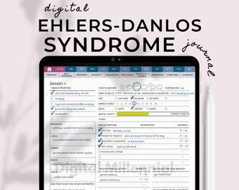 May include: Digital Ehlers-Danlos Syndrome journal on a tablet. The journal features sections for daily expenses, trackers, intensity levels, and symptom tracking. The screen displays a January 1st entry with priority tasks and health metrics.