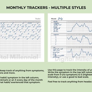 May include: Two printable monthly tracker pages. The first page is a habit tracker with a grid for checking off daily habits. The second page is a symptom tracker with a graph for tracking symptom intensity.