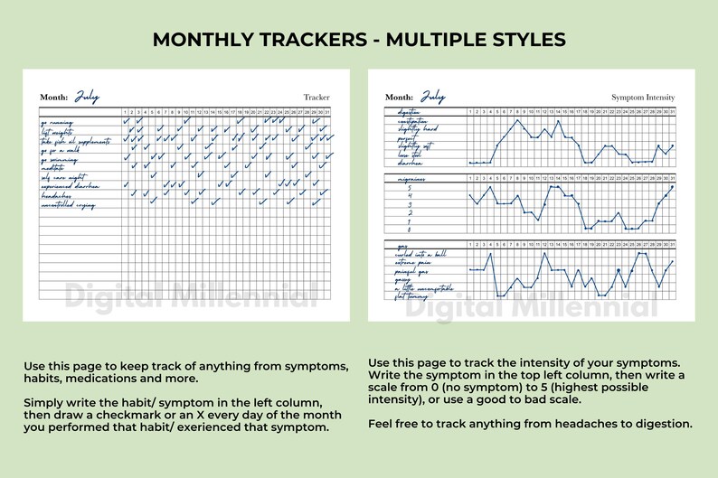 May include: Two printable monthly tracker pages. The first page is a habit tracker with a grid for checking off daily habits. The second page is a symptom tracker with a graph for tracking symptom intensity.