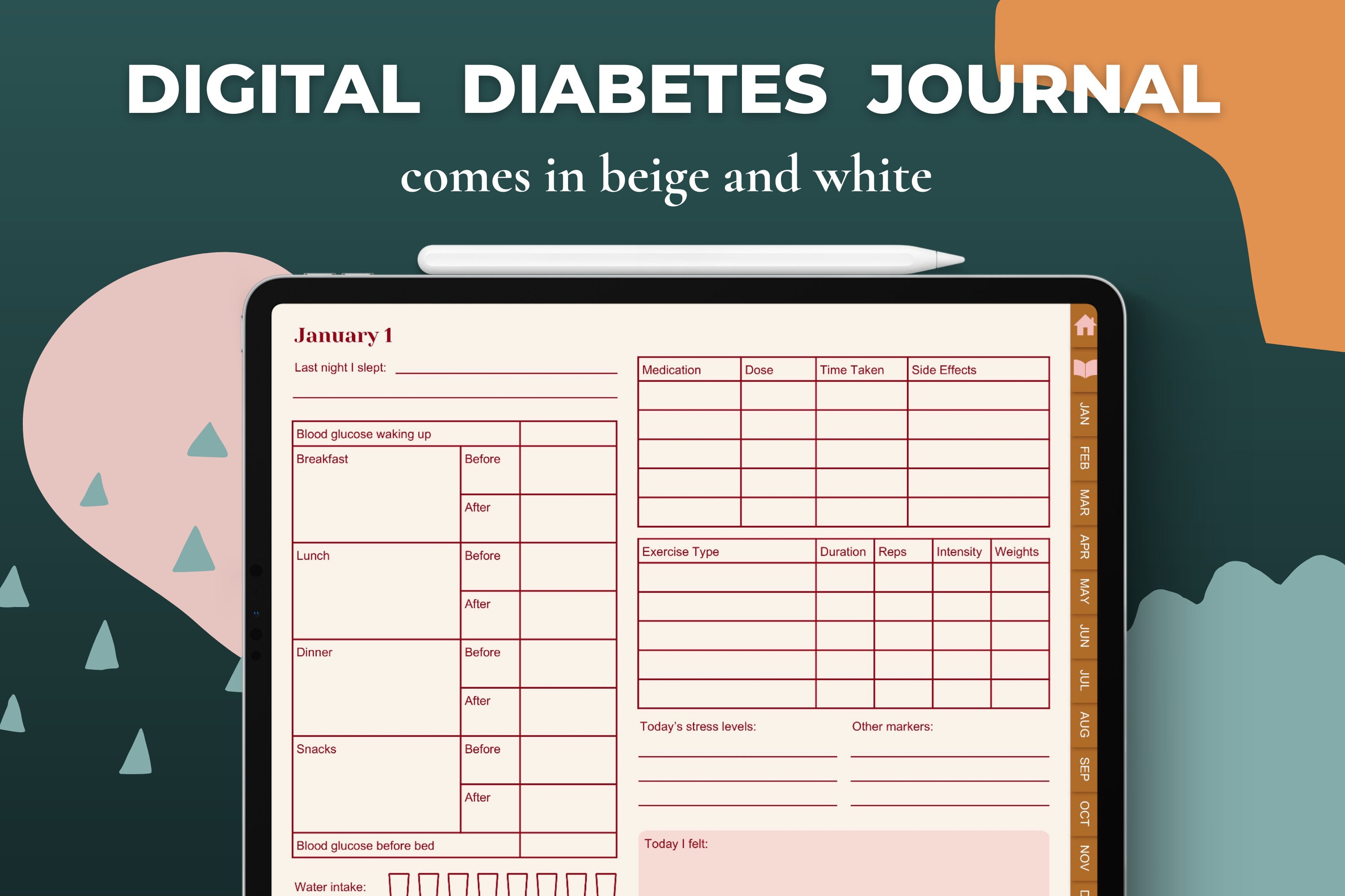 Digital Diabetes Daily Journal for Use on Tablets in Beige Etsy Australia