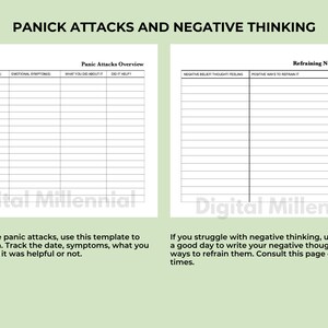 May include: A printable worksheet with two sections: "Panic Attacks Overview" and "Refraining Negative into Positive". The worksheet is designed to help track panic attacks and negative thoughts.