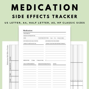 May include: A black and white printable medication side effects tracker with sections for medication details, health improvements, side effects, and notes. The tracker is designed for US Letter, A4, Half Letter, A5, and HP Classic sizes.