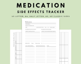 May include: A black and white printable medication side effects tracker with sections for medication details, health improvements, side effects, and notes. The tracker is designed for US Letter, A4, Half Letter, A5, and HP Classic sizes.
