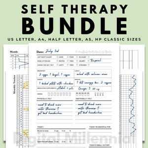 May include: A printable self-therapy journal bundle in US Letter, A4, Half Letter, A5, and HP Classic sizes. The journal includes a monthly tracker, a daily log, and a section for gratitude and small victories. The journal is designed to help people track their mood, sleep, energy levels, and other important aspects of their mental health.