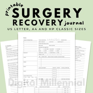 Puede incluir: Diario imprimible de recuperación quirúrgica en tamaños US Letter, A4 y HP Classic. Las páginas del diario son blancas con texto negro e incluyen secciones para prioridades diarias, nivel de dolor, dieta y medicación.