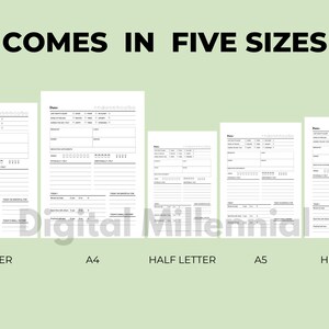May include: Five different sizes of printable planner pages are shown. The sizes are US Letter, A4, Half Letter, A5, and HP Classic.