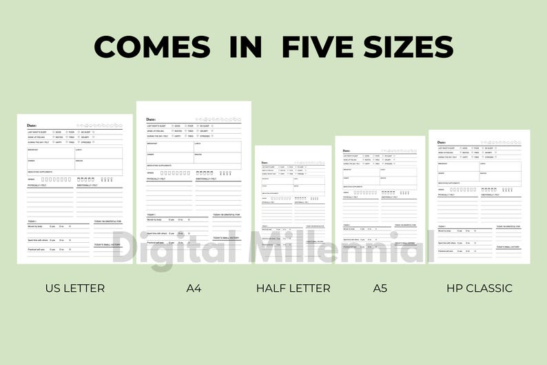 May include: Five different sizes of printable planner pages are shown. The sizes are US Letter, A4, Half Letter, A5, and HP Classic.