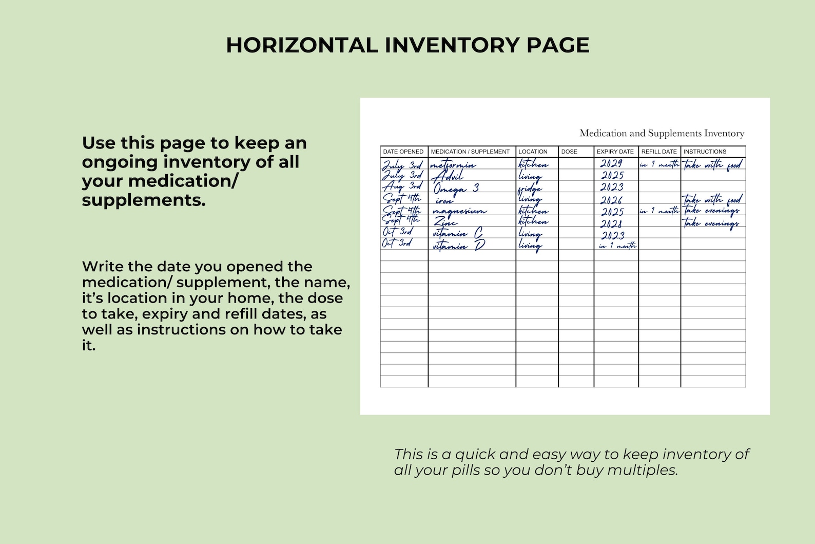 Pill Inventory Form Printable Medication and Supplements Inventory Tracker, Medicine Log ...