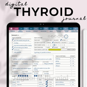 May include: A digital thyroid journal with a blue and white color scheme. The journal includes sections for tracking daily activities, symptoms, medication, and physical activity. The journal is dated January 1st.