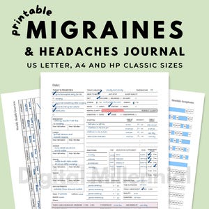 May include: Printable migraine and headache journal with US Letter, A4, and HP Classic sizes. The journal pages have sections for daily priorities, weather, sleep quality, and monthly symptoms. The text is in black and teal on a white background.