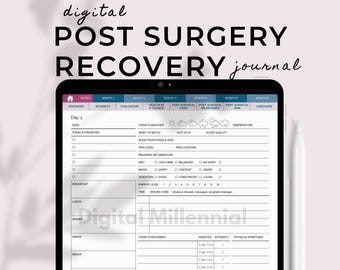 May include: A digital post-surgery recovery journal displayed on a tablet. The journal includes sections for tracking notes, intensity, evaluation, health, milestones, pain, and checkups. The text "Digital Millennial" is also visible.