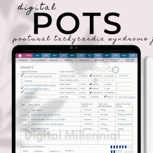 Op de afbeelding: Een digitaal dagboek voor het bijhouden van symptomen van het posturale orthostatische tachycardiesyndroom (POTS). Het dagboek bevat secties voor dagelijkse prioriteiten, maaltijden, slaap, stemming, energieniveaus, stress, spijsvertering, medicijnen en supplementen. Het dagboek is gedateerd 1 januari.
