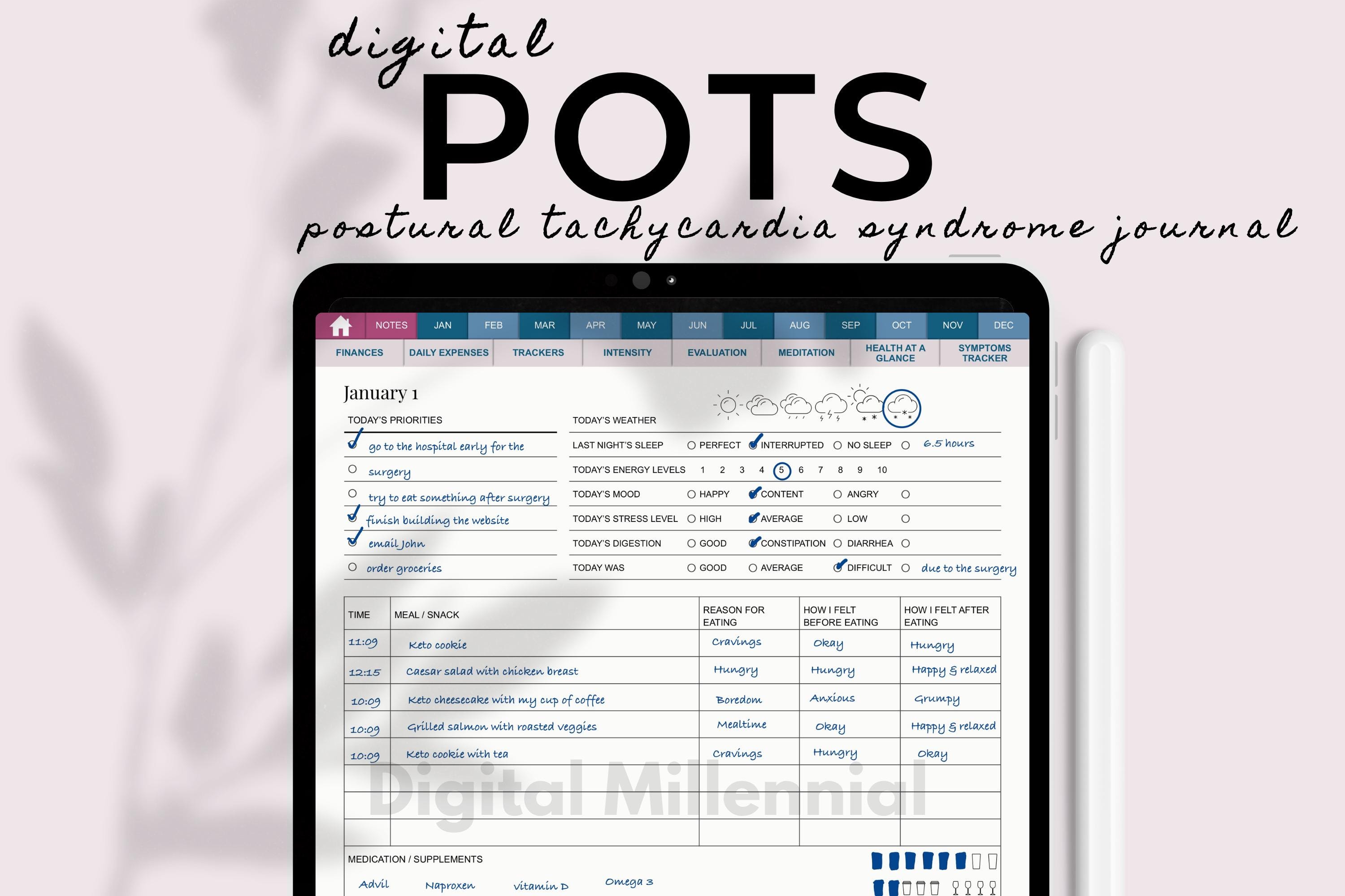 Digital POTS Postural Orthostatic Tachycardia Syndrome Journal for Daily Use to Monitor Symptoms, Manage Lifestyle, Track Meds, and More