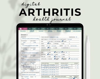 May include: A digital arthritis health journal displayed on a tablet. The screen shows a detailed daily log with sections for symptoms, diet, mood, and medication. The text "digital ARTHRITIS health journal" is at the top.