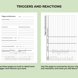 May include: Two black and white printable pages for tracking triggers and reactions. The first page has a table with questions about triggers and reactions. The second page has a table for summarizing triggers, reactions, and actions taken. The text "Triggers and Reactions" is at the top of the page.