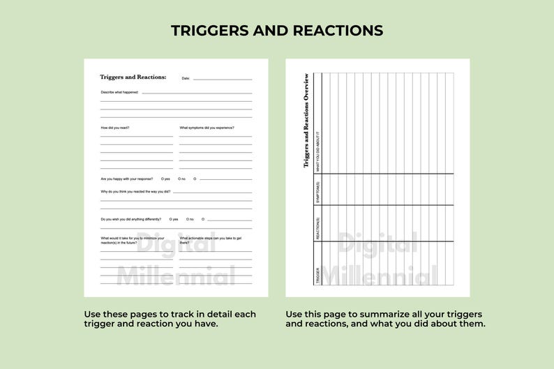 May include: Two black and white printable pages for tracking triggers and reactions. The first page has a table with questions about triggers and reactions. The second page has a table for summarizing triggers, reactions, and actions taken. The text "Triggers and Reactions" is at the top of the page.