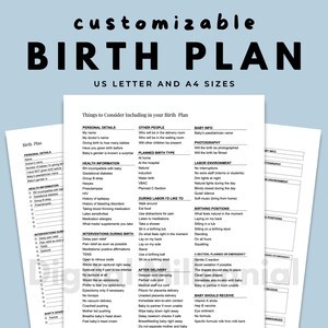 Plan de parto imprimible y rellenable en tamaños Carta de EE. UU. y A4